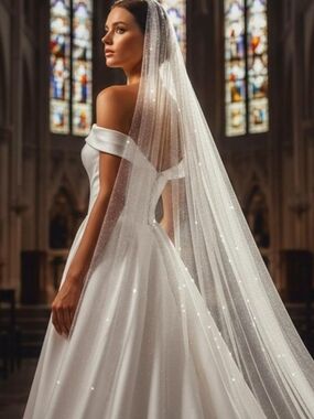 Sparkling Ivory Wedding Veil | Cathedral Length One Tier | Glitter | Metal Comb